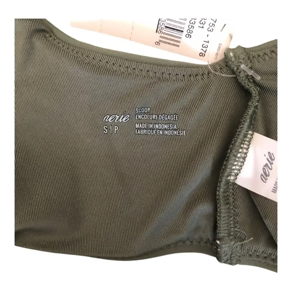 Aerie NWT Wide Strap Scoop Bikini Top Olive Fin Green Removable Pads Small